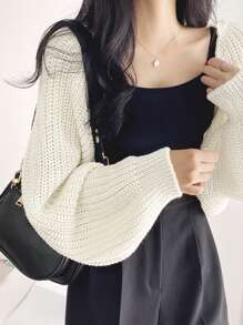 DAZY 女士纯色简约日常针织开衫、长袖上衣 - 白色 - 查看 3