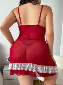 蝴蝶结装饰透明交叉裹身性感蕾丝吊带睡袍 - 酒紅色 - 查看 2