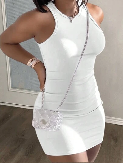 Slaydiva 女式简约休闲无袖圆领浅紫色修身紧身迷你针织连衣裙