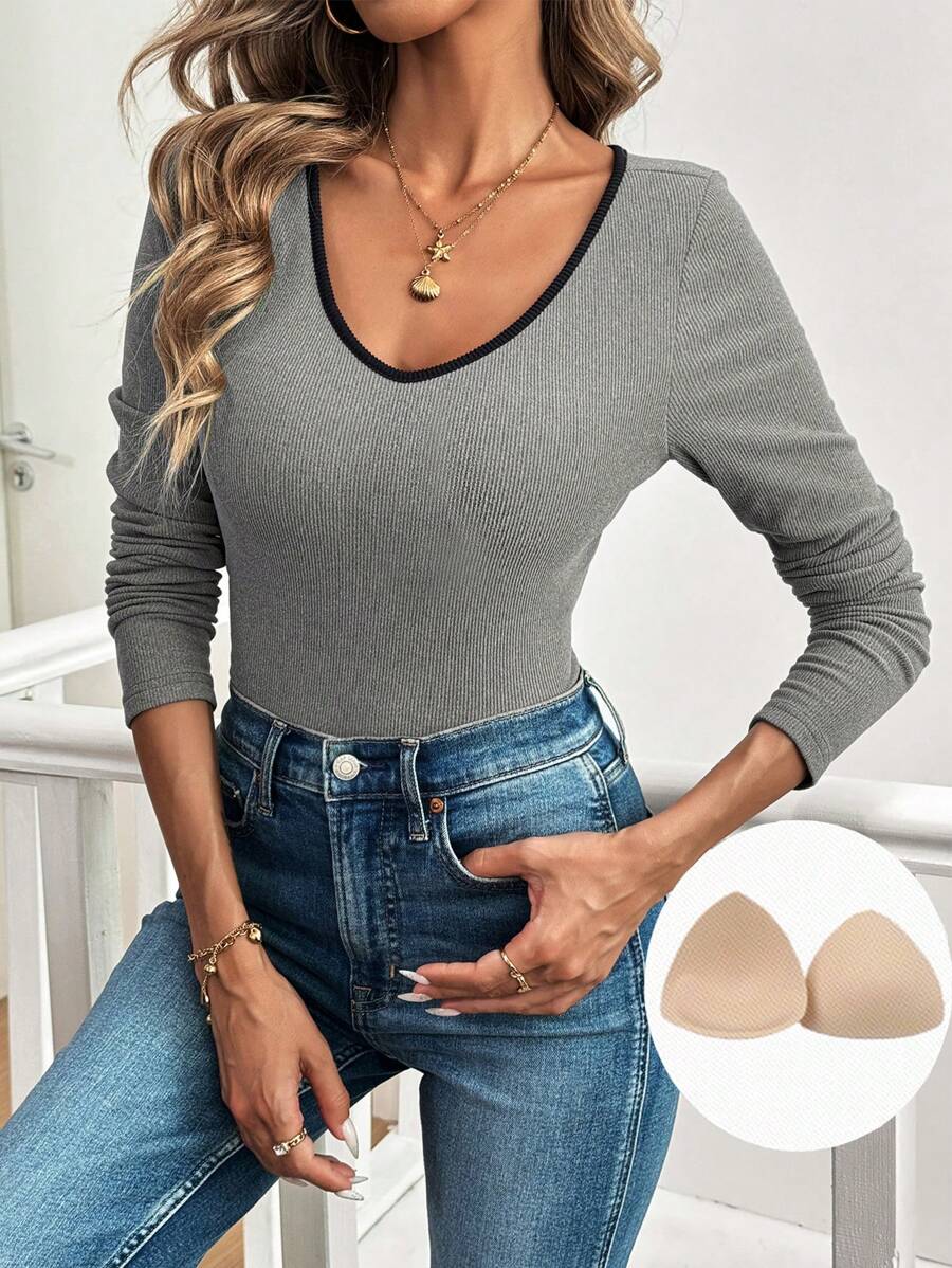 SHEIN LUNE V-Neck Double-Faced Fleece Thermal T-Shirt With Pad - Grey - View 1