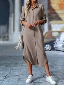 SHEIN LUNE Váy đuôi én đơn hàng khuy đơn cổ chữ V xếp nếp thường ngày - Rỉ Nâu - Xem 2