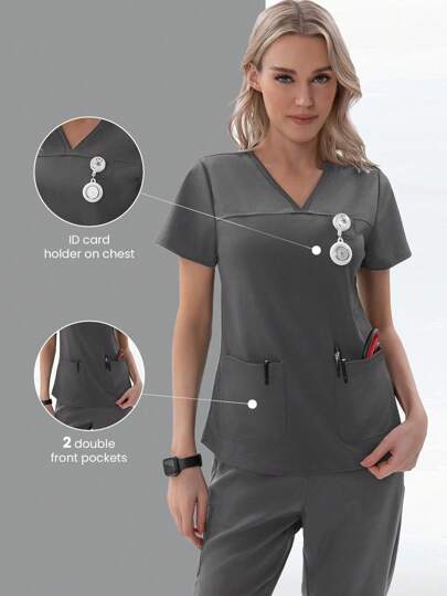 TaskEZ Women's Nurse Scrub Uniform Top V-Neck Short Sleeve T-Shirt With 2 Pockets