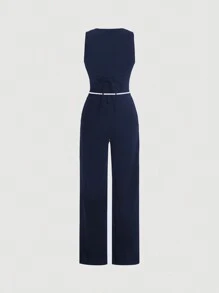 SHEIN MOD Navy Blue Date Night Front Buckle V-Shaped Hem Solid Button Front Vest Jacket & Seam Front Pants Two Pieces Set - Navy Blue - View 2