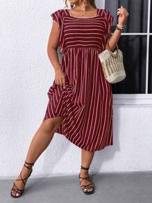 SHEIN LUNE Plus Size Square Neck Ruffle Trim Striped Casual Dress - Burgundy - View 1