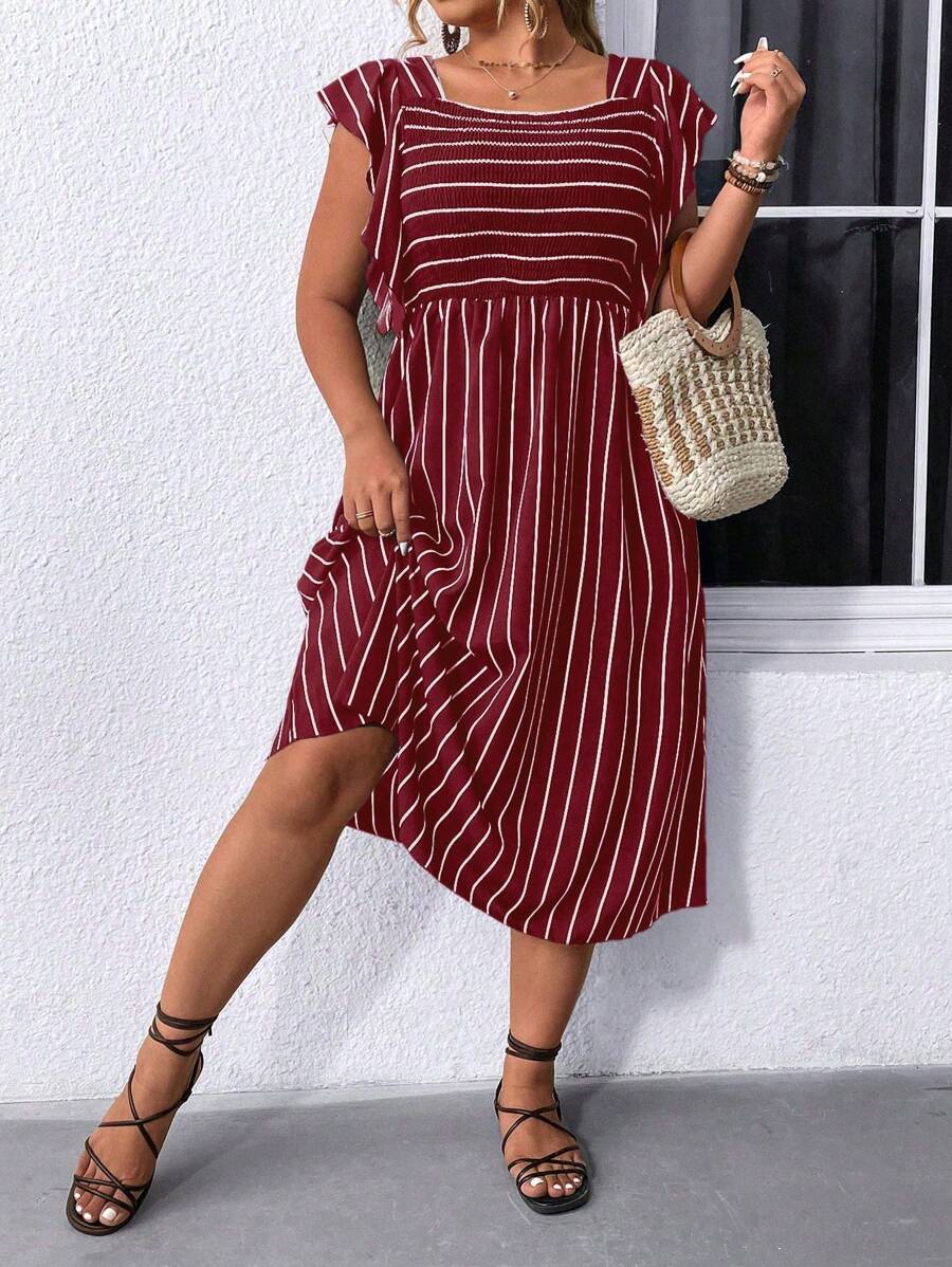 SHEIN LUNE Plus Size Square Neck Ruffle Trim Striped Casual Dress - Burgundy - View 1