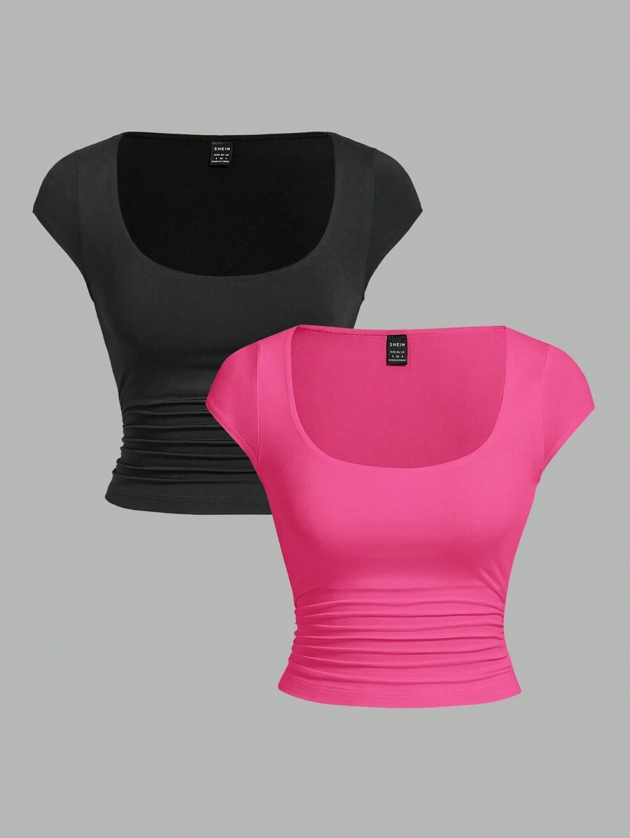 SHEIN Essnce 2 chiếc áo thun ngắn tay cổ tròn có dây thắt eo cho nữ, áo mùa hè - Màu Hồng Tươi - Xem 1