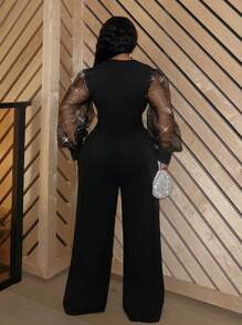 Slaydiva 大码优雅派对修身纯黑色深 V 领褶皱腰长袖透明网眼拼接超长女式连体裤，春秋季 - 黑色 - 查看 2