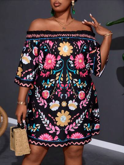 Slaydiva 大码露肩印花度假休闲衬衫