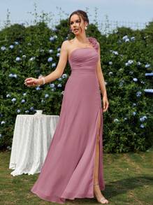 SHEIN Belle Elegant Shoulder Strap Floral Ruched A-Line Split Bridesmaid Dress (Adult) - Dusty Pink - View 5