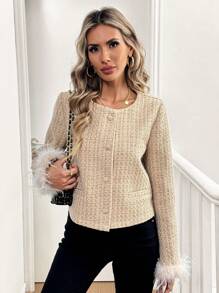 SHEIN LUNE 女士圆领纽扣长袖粗花呢袖口蓬松饰边夹克 - 卡其色 - 查看 3