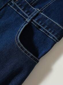 SHEIN 少女復古英式泡泡袖，立領單排扣牛仔裙，配可調節腰帶，簡單優雅 - 深色水洗藍 - 查看 7