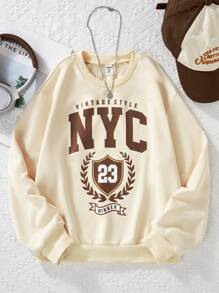 SHEIN Explorewe Tween Girls' Casual Letter Print Oversized Crew Neck Long Sleeve Sweatshirt - Apricot - View 1