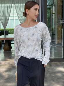 DAZY Loose Floral Print Round Neck Long Sleeve T-Shirt For Women Sheer,Fall Clothes Graphic Tee - Grey - View 3