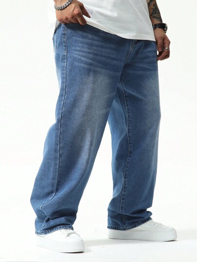 Manfinity Homme سروال جينز بضيق واسع للرجال الكبار الحجم للارتداء اليومي، سروال جينز كارجو واسع ذو لون أزرق نافث غسله، للزوج أو الحبيب كهدية