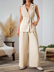 SHEIN LUNE 2pcs Solid Color Sleeveless Blazer & Pocket Pants Khaki Suit Set - Khaki - View 5