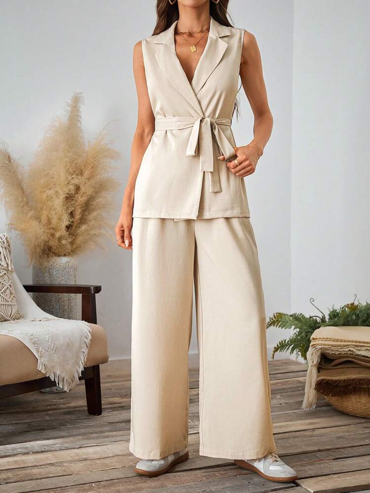 SHEIN LUNE 2 件纯色无袖西装外套和口袋裤卡其色套装 - 卡其色 - 查看 5