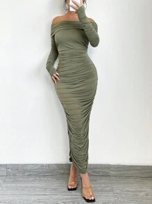 SHEIN SXY Elegantes, sexy Damen Bodycon Kleid in olivgrün mit Off-Shoulder Raffung