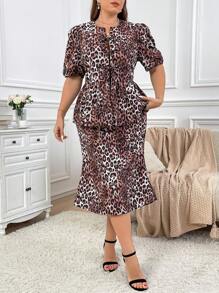 SHEIN Privé Conjunto de 2 piezas de blusa de manga abullonada con pliegues y falda plisada, de talla grande, diseño de lazo con estampado de leopardo, elegante, para primavera/verano