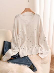 SHEIN Essnce Plus Size Women's Rhinestone Hollow Pullover Sweater - Beige - View 1