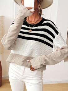 Chiquease Women's Crew Neck Long Sleeve Loose Striped Contrast Color Casual Sweater - Multicolor - View 6