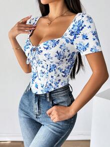 Firerie Sweetheart Collar Front Tie Short Sleeve Floral Print Casual Blouse