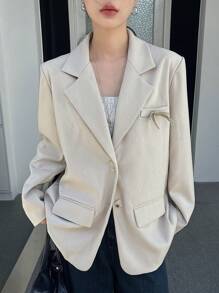 DAZY Women Lapel Front Button Pocket Long Sleeve Simple Blazer Business Attire - Khaki - View 7