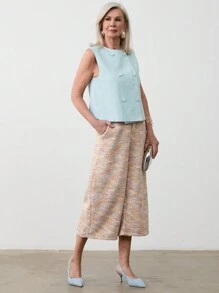 SHEIN LUNE بنطلون كابري نسائي فضفاض واسع الساق بجيوب وطباعة تعتيق - متعدد الألوان - مشاهدة 7