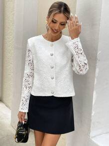 Chiquease Women Spring/Autumn Elegant Solid Color Lace Jacket - White - View 6