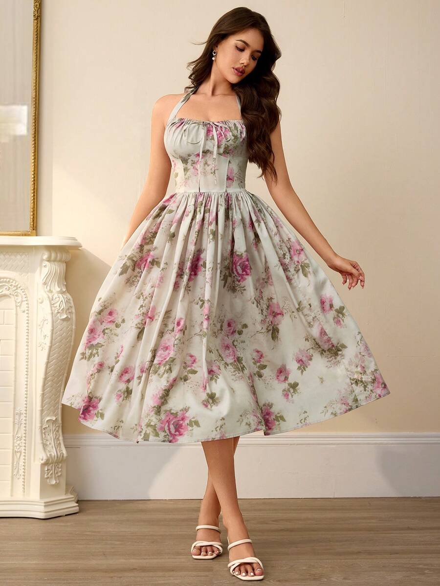 Chiquease Đầm thắt lưng in họa tiết màu pastel ngẫu nhiên lãng mạn thanh lịch cho nữ, mùa hè - Nhiều màu - Xem 1