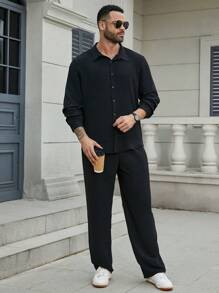 Manfinity Homme Men's Black Splicing Two-Piece Button-Up Shirt And Straight Casual Pants Set - Black - View 5