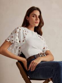 Anewsta Women Crew Neck Solid Color Ruffle Trim Short Sleeve T-Shirt For Summer