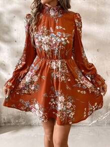 SHEIN Clasi Women's Autumn Long Sleeve Short Dress Fall Clothes - Rust Brown - View 5