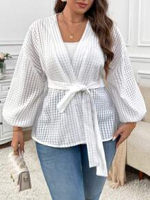 SHEIN Privé Plus Size Elegant Casual V-Neck Self Tie Waist Jacquard Textured Solid Color Jacket