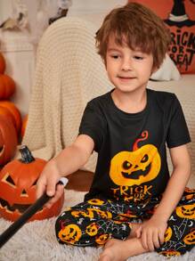 SHEIN Young Boy Halloween Theme Cartoon Pumpkin Print Short Sleeve Pants Casual Flame Retardant Pajama 2-Piece Set, Daddy And Me Matching Outfits (3 Sets Are Sold Separately) - Black - View 3