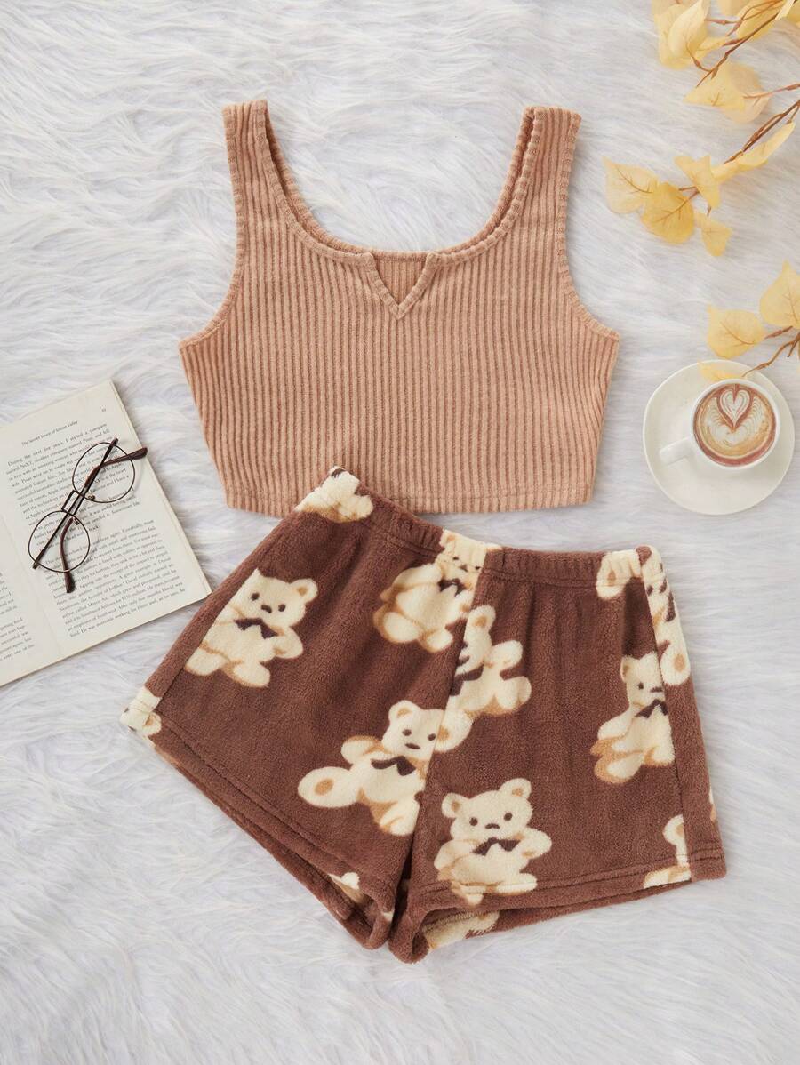 2pcs Solid Rib Knit Tank Top & Bear Print Shorts Sleepwear Set, Fall Winter Clothes, Fluffy Pajama, Cozy