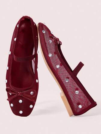 CUCCOO DOLLMOD Burgundy Mesh Rhinestone Bow Ballerina Flats BURGUNDY Flats Spring Shoes Spring Break Easter For Christmas