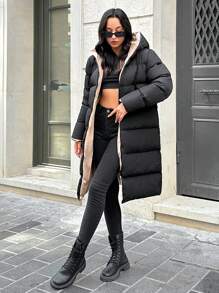 SHEIN Tall Abrigo acolchado con capucha y cremallera para mujer, para mujeres altas - Negro - Ver 6