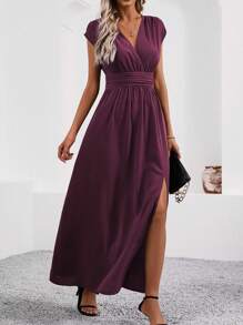 LanaWest Women's V-Neck Ruched Waist Split Elegant Fashion Dress Maxi Women Outfit
