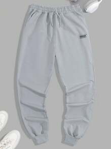 SHEIN Cottnline Quần nỉ thể thao nam dáng ôm in chữ Nhật theo chiều dọc - Xám - Xem 3
