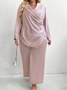 SHEIN CURVE+ Bộ 2 chiếc khăn choàng cổ màu trơn cỡ lớn có cổ áo dài tay và bộ quần dài - Rượu sâm banh - Xem 3