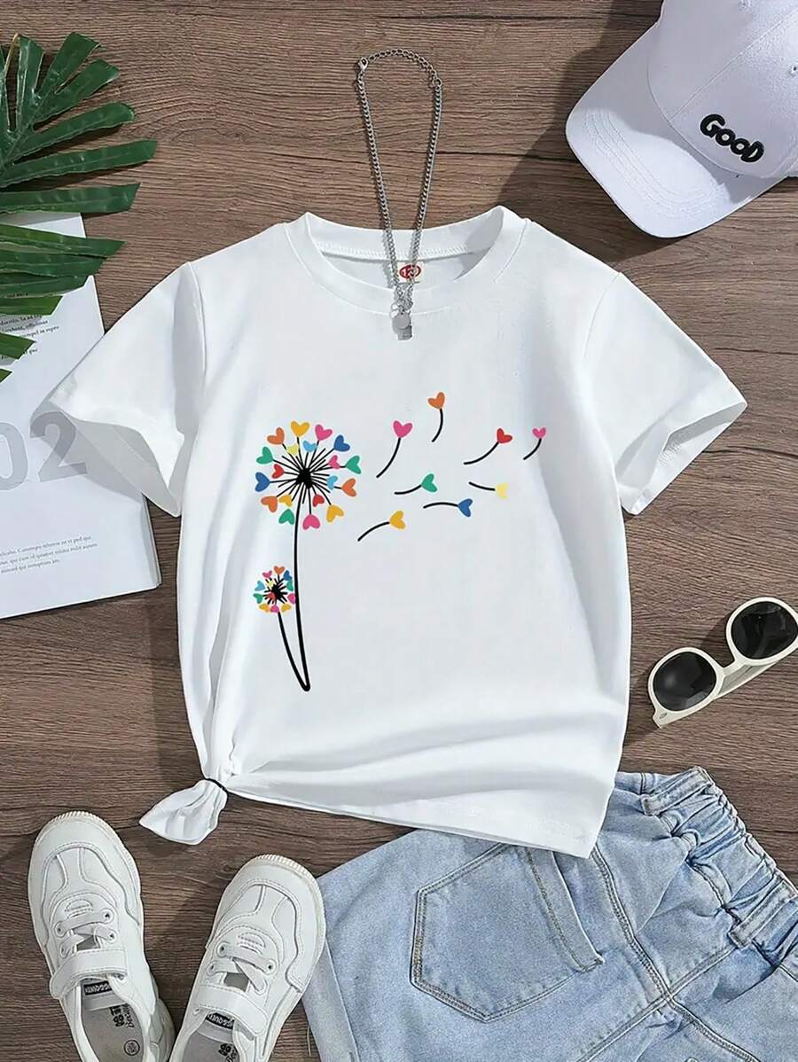 Young Girl Simple Dandelion Print Short Sleeve T-Shirt - White - View 1