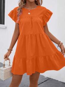 SHEIN LUNE Váy mùa hè viền bèo cổ tròn màu trơn đơn giản dành cho nữ - trái cam - Xem 6