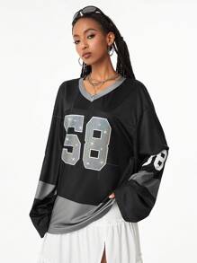 Coolane Women's Fall/Winter Y2K  Sportswear Number Printed Glitter Rhinestone Jersey T-Shirt ,Back To School