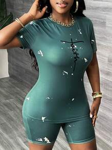 Slaydiva Elegant Green Tie-Dye Printed Slogan Bodycon T-Shirt And Leggings Set - Multicolor - View 3
