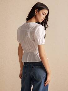 Poéselle 女士纯色简约日常系带泡泡袖衬衫，白色系带衬衫，泡泡袖，秋季衬衫，100% 纯棉，外套，娃娃装上衣，蝴蝶结衬衫，女士衬衫，商务休闲女装 - 白色 - 查看 4