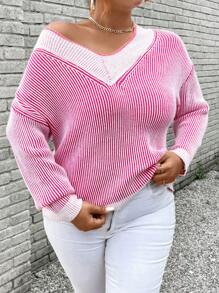 SHEIN Unity Plus Size V-Neck Striped Print Casual Long Sleeve Pullover Sweater Knit Pullover Fall Winter - Pink - View 3