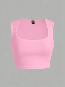 Slaydiva Różowy, swobodny, minimalistyczny, jednolity kolor, wszechstronny damski krótki top na ramiączkach z kwadratowym dekoltem, odpowiedni na lato