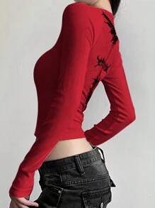 INAWLY Women Spring And Summer Gothic Letter Print Round Neck Raglan Long Sleeves Cut Slim Fit T-Shirt Graphic Tees Women Tops For Spring - Red - View 4