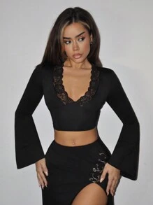 SHEIN ICON Y2k Party Tops Women Deep V-Neck Lace Splice Bodycon Flared Long Sleeve T-Shirt - Black - View 3