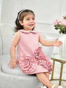 Vestido de gola floral 3D fofo sem mangas para bebês meninas, verão - Rosa - Ver 7